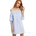 Wholesale Cheap Girls Casual Dress Blue and White Striped Off Shoulder Dress